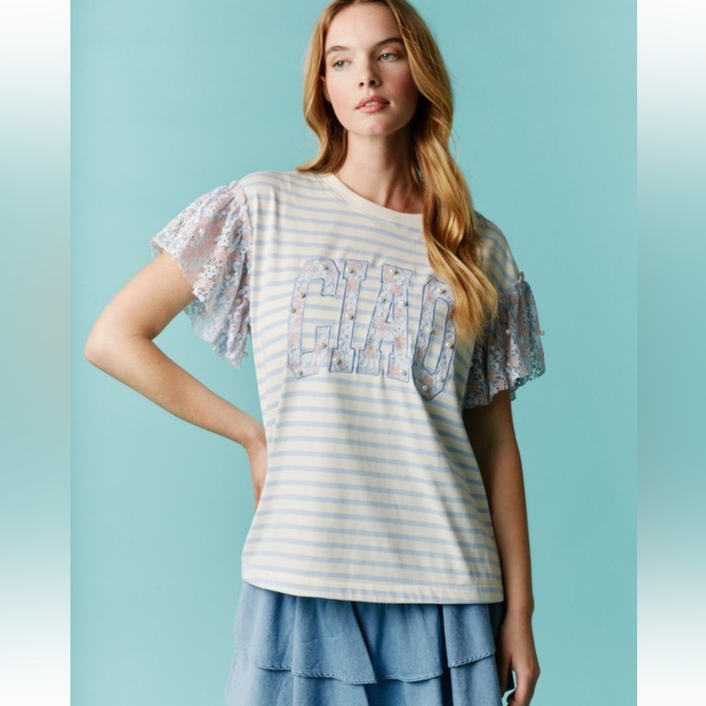 930. “Ciao” ruffled lace pearl short sleeve top in blue and off white